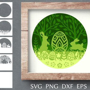 Modèle svg de boîte d'ombre de Pâques, boîte d'ombre en couches avec oeuf et svg de lapin de Pâques, fichier svg 3D papercut pour cricut, conception de caisson lumineux svg.