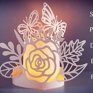 Modelo svg de flor 3D com lanterna de borboleta, corte de papel em camadas de verão, lanterna de papel de primavera, design de vela, lanterna de papel para casamento.