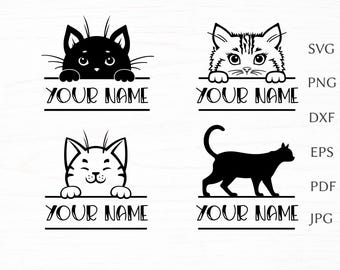 Monograma de gato dividido en SVG, signo de gato, archivo de corte SVG para Cricut, cara de gato mirando, nombre de gato SVG, PNG, DXF
