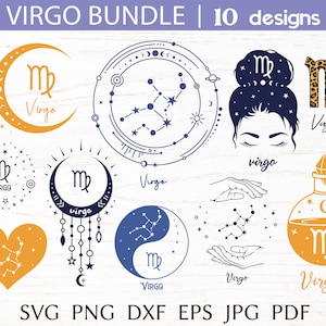Paquete SVG de Virgo, archivo de corte SVG de signo del zodíaco para Cricut, SVG de constelación del zodíaco, diseño de astrología para camisa, impresión de Virgo, clipart png