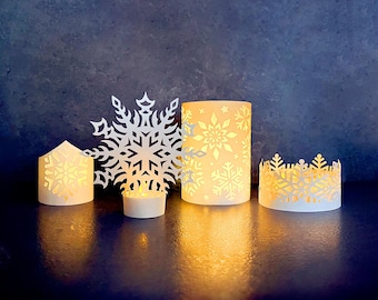 Christmas lantern svg template, snowflake paper lantern bundle, paper candle holder set, cut file for cricut projects.