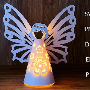 Szablon svg letniego lampionu, wycinanka 3d z aniołem, plik svg z wyciętym lampionem na podgrzewacz dla programu cricut, papierowa wróżka ogrodowa do dekoracji przyjęcia.