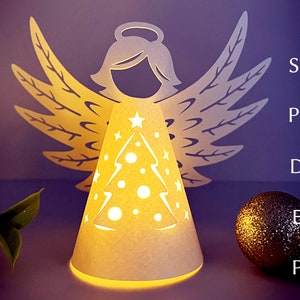 Weihnachtslaterne svg Vorlage, Weihnachtsengel mit Weihnachtsbaum, 3D Engel Papierschnitt, Teelicht DIY Laterne svg, Weihnachtsdekoration.