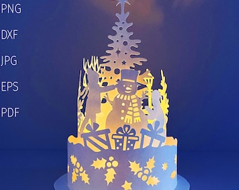Christmas lantern svg template, 3d papercut cut file for cricut, layered paper lantern with Christmas tree, kids and a snowman.