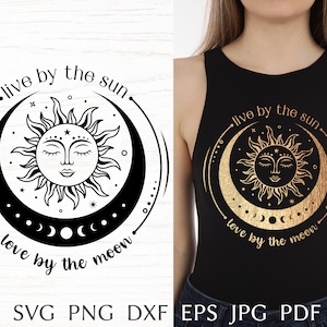 Słońce i księżyc svg, niebiański projekt svg, boho svg plik do cięcia z cytatem Żyj słońcem, kochaj księżyc, mistyczny nadruk na koszulkę, clipart png