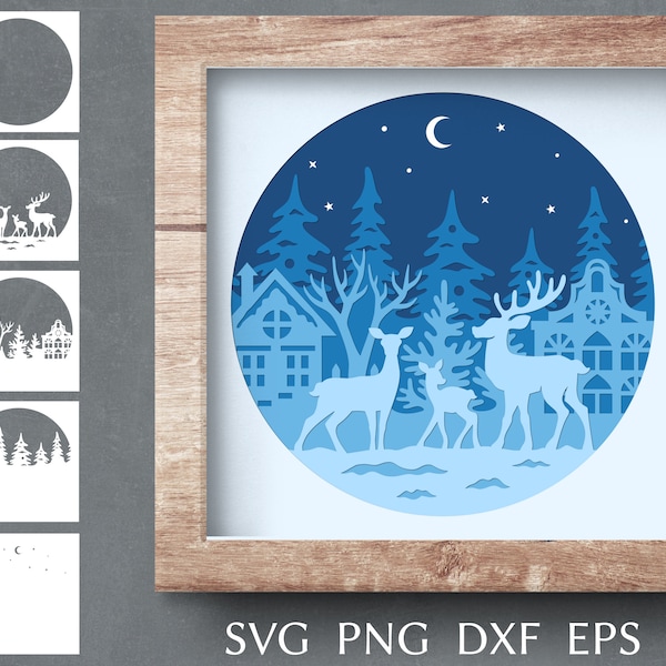 Christmas shadow box svg cut file, 3d papercut svg template, layered shadow box with reindeer, winter forest and christmas village.