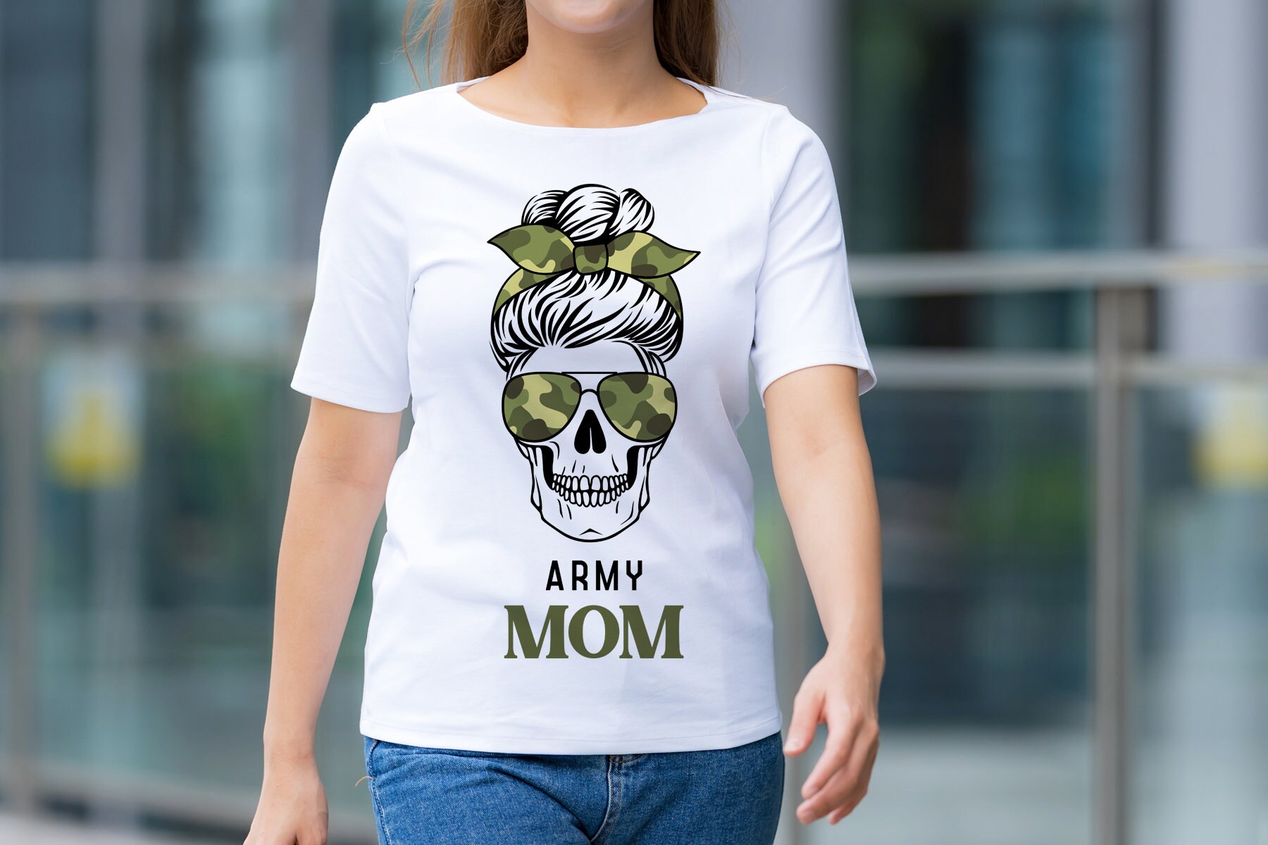 Download Army mom Skull svg Mom life SVG Messy bun skull with glasses | Etsy