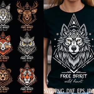 Può includere: Un set di sei grafiche con diversi animali, tra cui un lince, un cervo, una volpe, un gufo, un orso e una tigre. Ogni animale è raffigurato in una cornice geometrica con un design stilizzato e il testo "Free Spirit Wild Heart".