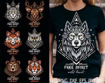 Totem spirit animal svg bundle, sacred animal svg print for shirt, wild animal head png design.