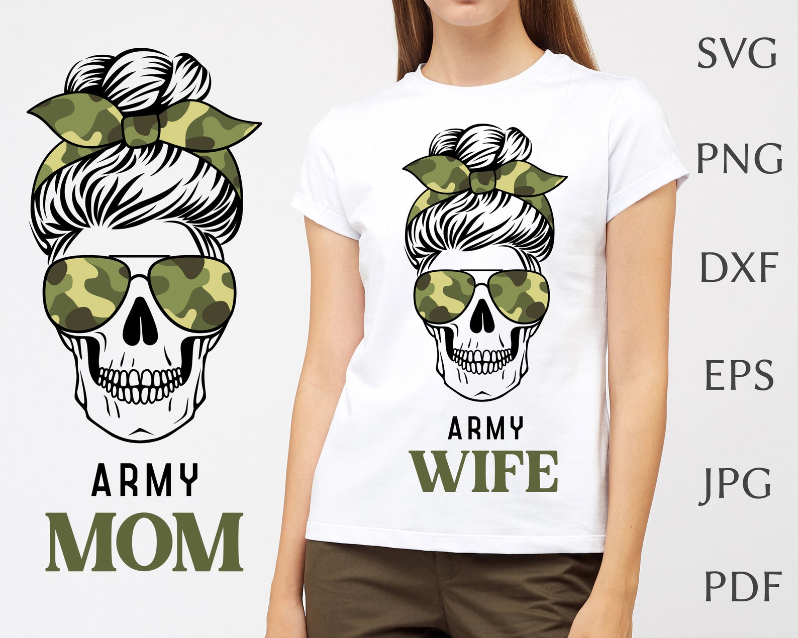Download Army mom Skull svg Mom life SVG Messy bun skull with glasses | Etsy