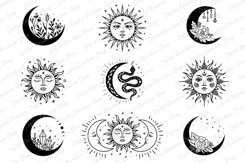 Op de afbeelding: Een set van negen zwart-wit illustraties met hemellichamen, waaronder manen, zonnen en sterren. Sommige illustraties bevatten extra details, zoals bloemen, slangen en kristallen.
