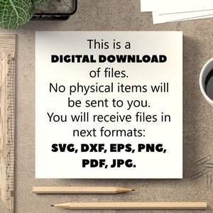 Puede incluir: Una tarjeta blanca con texto negro que dice "Esto es una DESCARGA DIGITAL de archivos. No se enviar&aacute;n art&iacute;culos f&iacute;sicos. Recibir&aacute; archivos en los siguientes formatos: SVG, DXF, EPS, PNG, PDF, JPG."