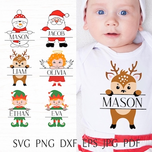Christmas split monogram svg bundle, baby christmas name svg, funny kids christmas with santa, elf, angel, reindeer smowman, png clipart