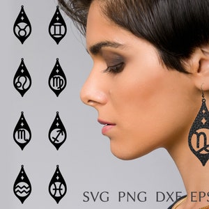 Zodiac Earring SVG-bestand voor cricut, Feather Leather Earring bundel, laser gesneden sjabloon, astrologie oorbellen SVG, DIY sieraden SVG, DXF, PNG afbeelding 1