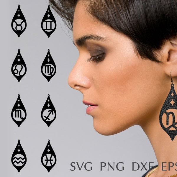 Zodiac earring svg file for cricut, feather leather earring bundle, laser cut template, astrology earrings svg, DIY jewelry svg, dxf, png