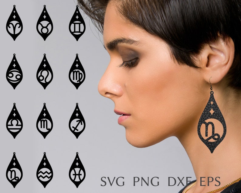 Zodiac Earring SVG-bestand voor cricut, Feather Leather Earring bundel, laser gesneden sjabloon, astrologie oorbellen SVG, DIY sieraden SVG, DXF, PNG afbeelding 1