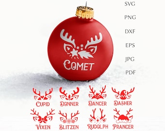 Christmas reindeer svg bundle, reindeer names svg cut file for cricut, holiday reindeer face svg, kids christmas svg, png, eps, dxf, clipart