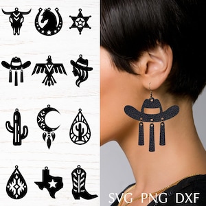 Western Ohrringe svg schnitt Datei für Cricut, Kunstleder Ohrring Bundle, Cowboy Laserschnitt Vorlage für Ohrringe aus Messing oder Holz, DIY Schmuck svg