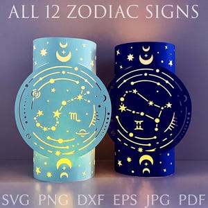 Archivo de corte SVG de linterna con signo del zodíaco para Cricut, plantilla SVG de linternas de papel 3D, diseño de vela de té de astrología, lámpara celestial con constelación.