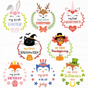 Mi primer paquete de svg de vacaciones, archivo de corte svg de mono de bebé para cricut, primer svg de bebé para Pascua, Navidad, Halloween, Acción de Gracias, cuatro de julio