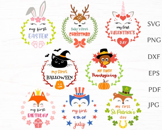 My first holiday svg bundle, baby onesie svg cut file for cricut,  baby first easter, christmas, halloween, thanksgiving, fourth of july svg