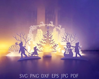 3d christmas village svg template, paper christmas scene with houses, town, Santa, children, Christmas tree, svg cut file for cricut project