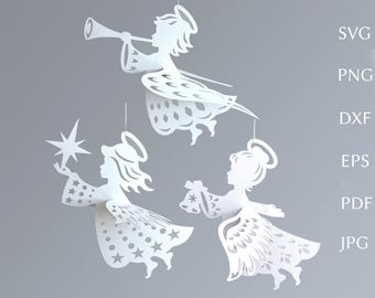 3d Christmas angel svg bundle, paper ornament template, DIY holiday decor, svg cut file for cricut.