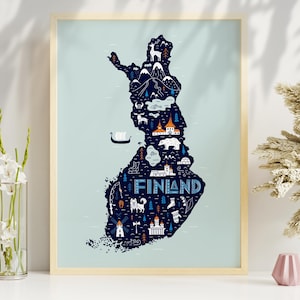 Impression d'art de carte illustrée de la Finlande, affiche de carte de voyage, décoration murale de chambre d'enfant, cadeau de carte du pays de la Finlande.