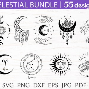 Hemelse svg-bundel, boho svg-bestand knippen voor cricut, mystieke print voor shirt, magische silhouet png-clipart, zon maan svg, sterrenbeeld svg