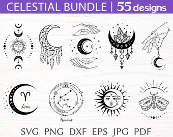 Celestial svg bundle, boho svg cut file for cricut, mystical print for shirt, magic silhouette png clipart, sun moon svg, zodiac sign svg