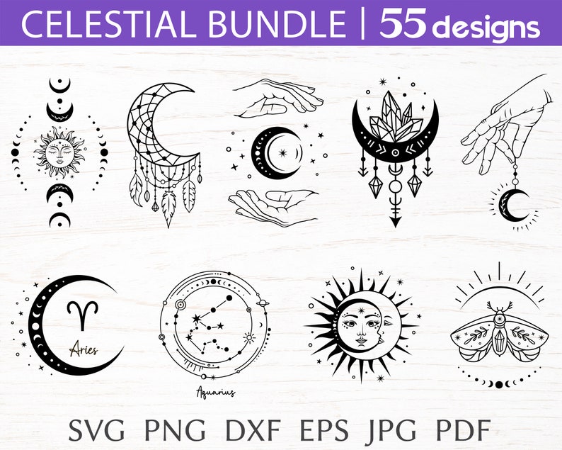 Op de afbeelding: Een set van 55 digitale ontwerpen met een hemels thema, in de formaten SVG, PNG, DXF, EPS, JPG en PDF. De ontwerpen bevatten manen, sterren, zon, kristallen, handen en dierenriemsymbolen.