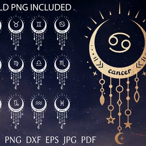 星座 SVG バンドル、cricut 用星座カット ファイル、シャツ用占星術デザイン、ボヘミアン天体 SVG PNG クリップ アート、星占い EPS DXF
