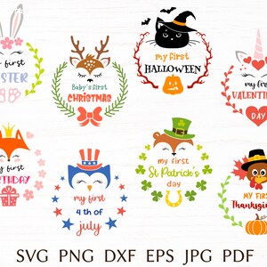 Puede incluir: Un conjunto de 10 archivos de corte digital coloridos con varios animales y temas festivos. Cada dise&ntilde;o incluye una corona con el texto "mi primer" y el nombre de la festividad. Las festividades incluidas son Pascua, Halloween, Navidad, San Valent&iacute;n, cumplea&ntilde;os, 4 de julio, San Patricio y Acci&oacute;n de Gracias.