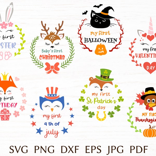 My first holiday svg bundle, baby onesie svg cut file for cricut,  baby first easter, christmas, halloween, thanksgiving, fourth of july svg