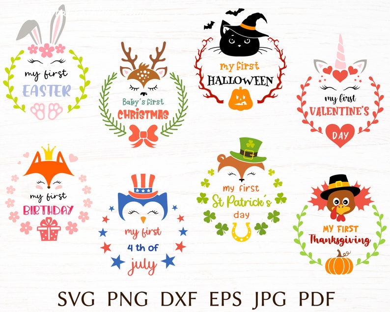 Puede incluir: Un conjunto de 10 archivos de corte digital coloridos con varios animales y temas festivos. Cada dise&ntilde;o incluye una corona con el texto "mi primer" y el nombre de la festividad. Las festividades incluidas son Pascua, Halloween, Navidad, San Valent&iacute;n, cumplea&ntilde;os, 4 de julio, San Patricio y Acci&oacute;n de Gracias.