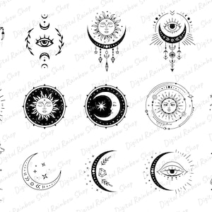 Op de afbeelding: Een set van 12 zwart-wit illustraties met hemelse en mystieke symbolen. De illustraties omvatten manen, zonnen, sterren, ogen, droomvangers en motten. De illustraties zijn perfect voor gebruik in digitale projecten, zoals social media graphics, websiteontwerpen en afdrukbare kunst.