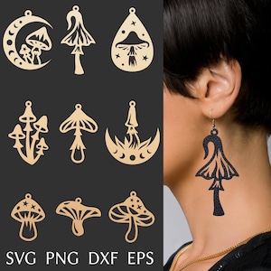 Puede incluir: Pendientes y colgantes de madera con temática de setas en varios diseños, incluyendo medias lunas y formas de lágrima. Los pendientes se muestran en una oreja. La imagen también muestra los formatos SVG, PNG, DXX y EPS.