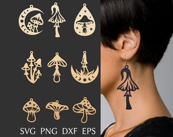Mushroom earrings svg cut file for cricut, witchy faux leather earrings bundle, laser cut template for brass or wood earrings, DIY jewelry.