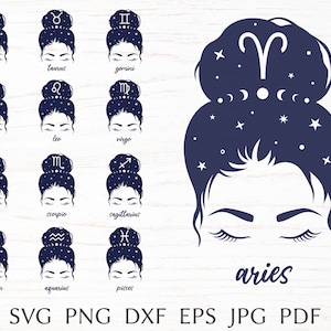 星座 SVG バンドル、cricut 用の星座 SVG カット ファイル、メッシー バン SVG、ママ ライフ SVG、女性用 T シャツ用占星術 SVG デザイン、png クリップアート