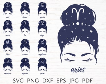 Zodiac SVG Bundle, zodiac sign svg cut file for cricut, messy bun svg, mom life svg, astrology svg design for women&#39;s T-shirt, png clipart
