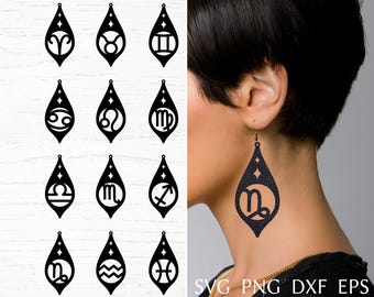 Zodiac earring svg file for cricut, feather leather earring bundle, laser cut template, astrology earrings svg, DIY jewelry svg, dxf, png