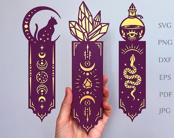 Witchy bookmark svg template,  mystical paper bookmark for book lover, digital svg cut file for cricut projects, magical layered DIY craft.