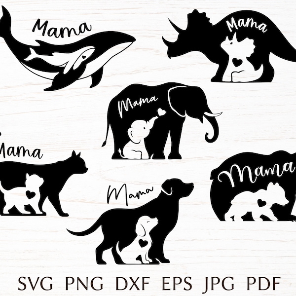 Mom and baby animals svg cut file for cricut, mama svg bundle, mothers day or baby shower svg design,  motherhood png clipart