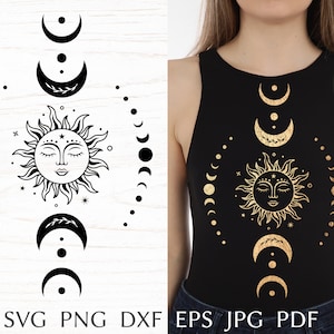sun and moon svg, boho svg, celestial svg designs with moon phase, mystical print for shirt, magic moon svg silhouette png, dxf, clipart