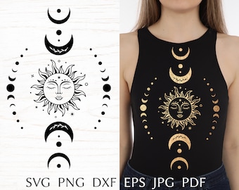 Soleil et lune svg, svg bohème, dessins svg céleste avec phase de lune, impression mystique pour chemise, lune magique svg silhouette png, dxf, clipart