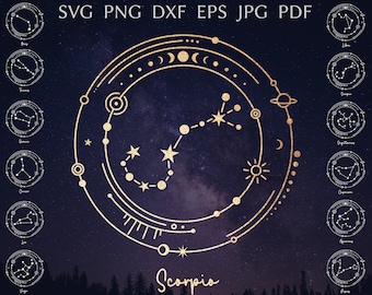 Zodiac constellation svg bundle, Zodiac sign cut file for cricut, Celestial svg, astrology design for shirt, horoscope, zodiac clip art png