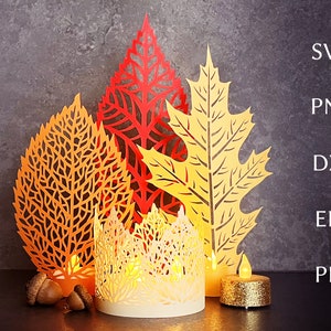 Herfstbladeren svg lantaarn sjabloon, herfst 3d papercut, papieren lantaarn svg-bestand voor cricut, blad theelichtje ontwerp, vakantie kaarslantaarn decor