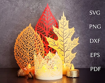 Fall leaves svg lantern template, Autumn 3d papercut, paper lantern svg file for cricut, leaf tealight design, holiday candle lantern decor