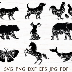 Paquete de svg de animales florales, silueta de animal con decoración de flores, archivo de corte svg de verano para cricut, clipart png imprimible.