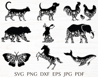 Floral animals svg  bundle, animal silhouette with flower decor, summer svg cut file for cricut, printable png clipart.